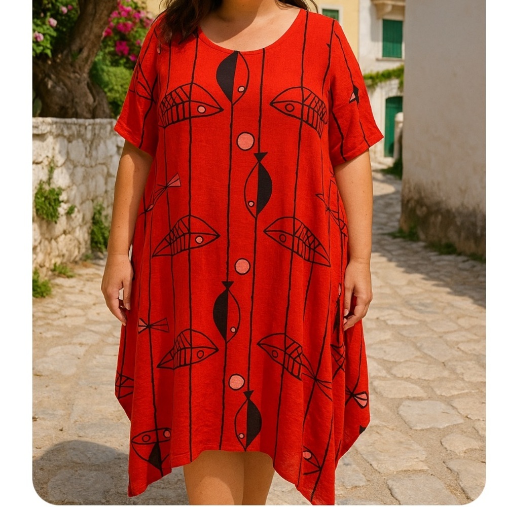Red Printed Midi Dress - Casual Scoop Neck